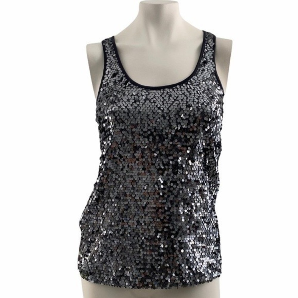 Grey Sequined Round Neck Sleeveless Pullover Women's Top Small